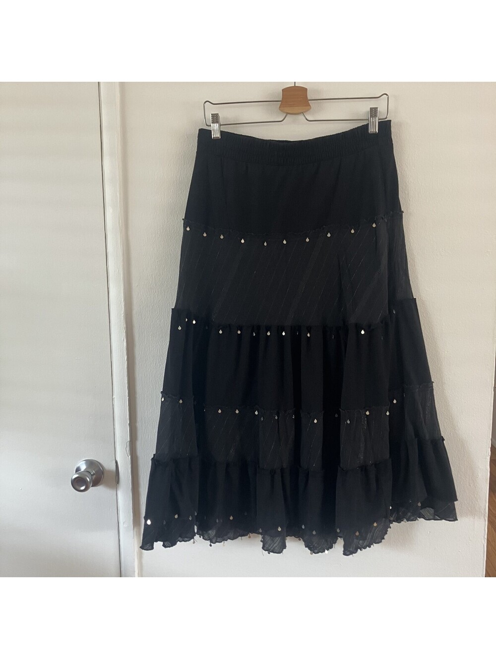 Whimsigoth Flowy Witchy Black Patchwork Tiered Maxi Skirt Romantic Bohemian Sz M - Picture 1 of 11